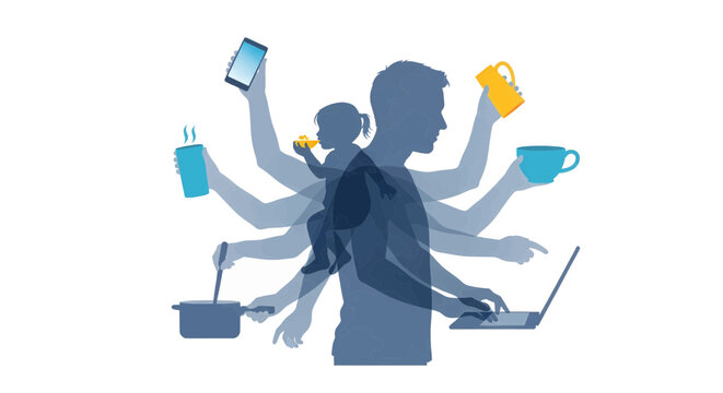 Illustration of a busy modern father multitasking, juggling work from home, family, and household chores. Parent Burnout. 