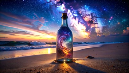 A glass bottle, filled with a vibrant galaxy, sits on a beach at sunset