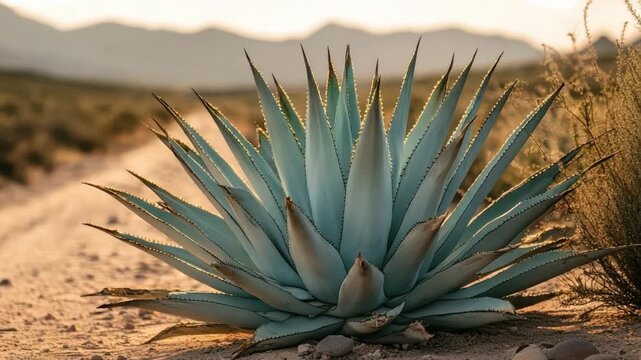 Large blue green agave plant grows in dry desert landscape with a dirt path Distant mountains under a warm sunlit sky