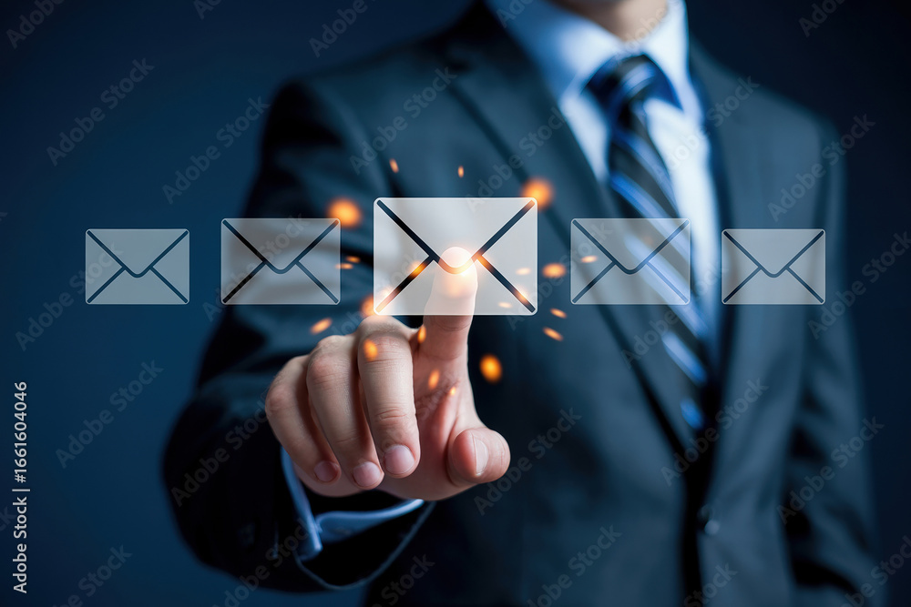 Poster interacting with digital mail a businessman's touch on email icons displaying low feedback in a tech