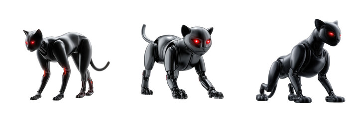 Obraz premium Cyberpunk robotic black cat with glowing red eyes in halloween style posing in three different stances with shiny metallic body and tail