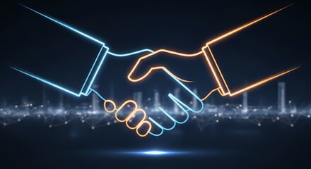 Neon handshake symbolizing business agreement and partnership in a city skyline