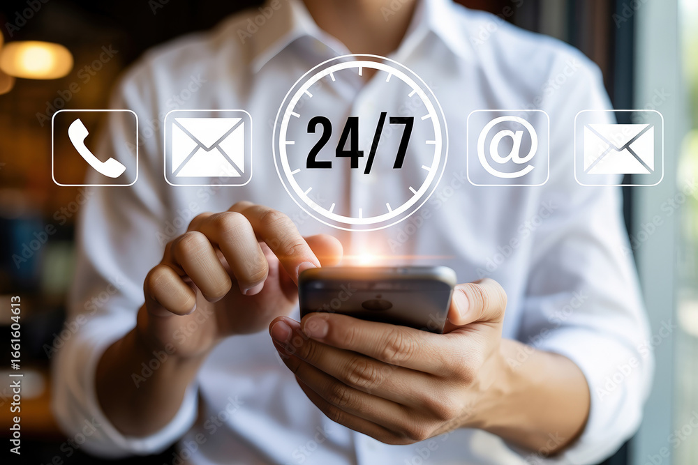 Poster man using smartphone for 24/7 support with low feedback, featuring phone, email, and at symbol icons