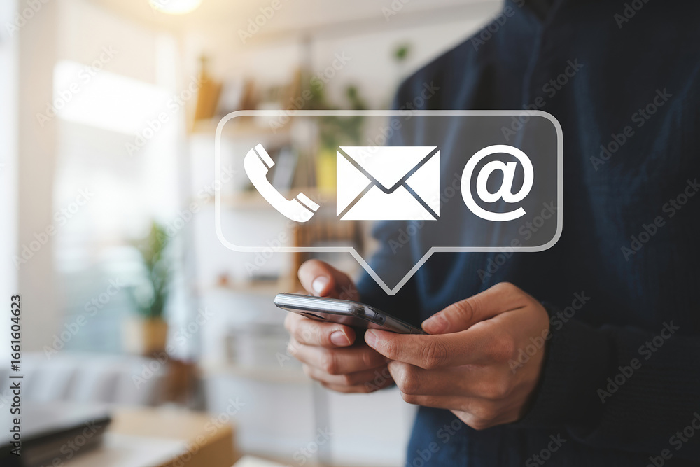 Poster man using smartphone for communication with low feedback, featuring phone, email, and at symbol icon