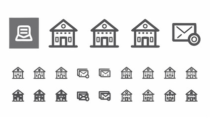 Depiction of multiple buildings and mail icons arranged in a grid like pattern on a white background