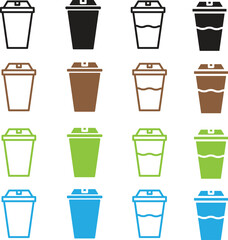 A vector icon set of takeaway coffee cups. Includes outline and solid styles, empty and filled versions, in various colors. Perfect for UI, web, and cafe menu design