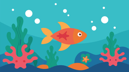 Stylized underwater scene with friendly orange fish coral and bubbles vector illustration