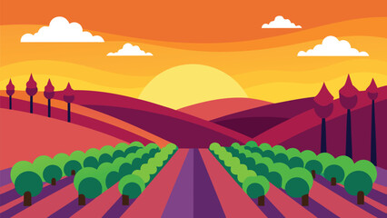 Stylized vineyard at sunset scenic landscape vector illustration for wine production and agriculture