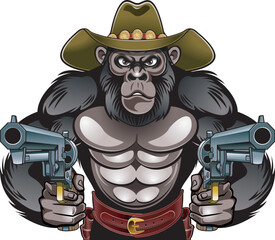 Cartoon style gorilla wearing cowboy hat and holding guns 