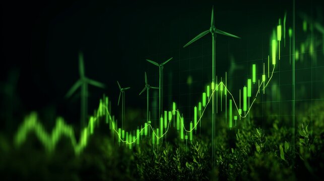 Global rise in electricity prices with renewable energy development, financial investment chart showing stock market growth, business economy trends, and energy market analytics