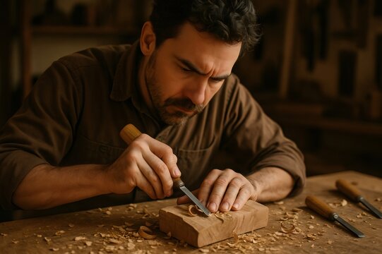Focused carpenter skillfully carving wood in a traditional woodworking workshop, expertly using a chisel to create intricate designs