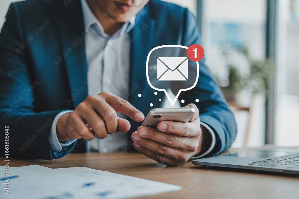 Poster mobile email management a businessman's interaction with digital communication on smartphone with lo