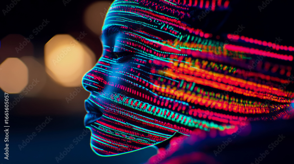 Poster futuristic side profile of human face illuminated by vibrant intertwined digital data streams, refle