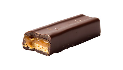 A single chocolate-covered candy bar with caramel filling