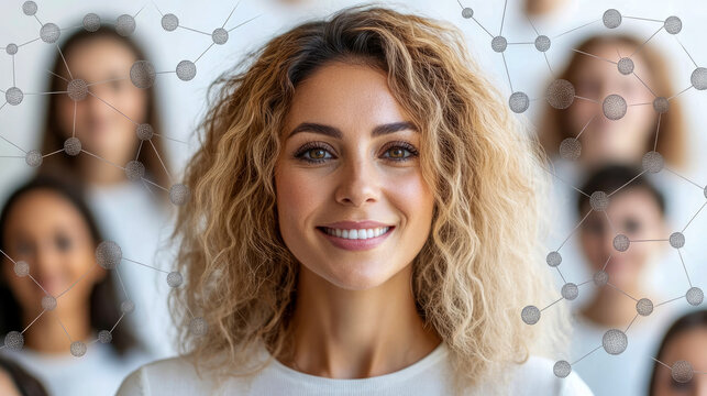 Vibrant portrait of smiling woman with curly hair, overlaid with conceptual network graphic, illustrating global human connection and diverse community