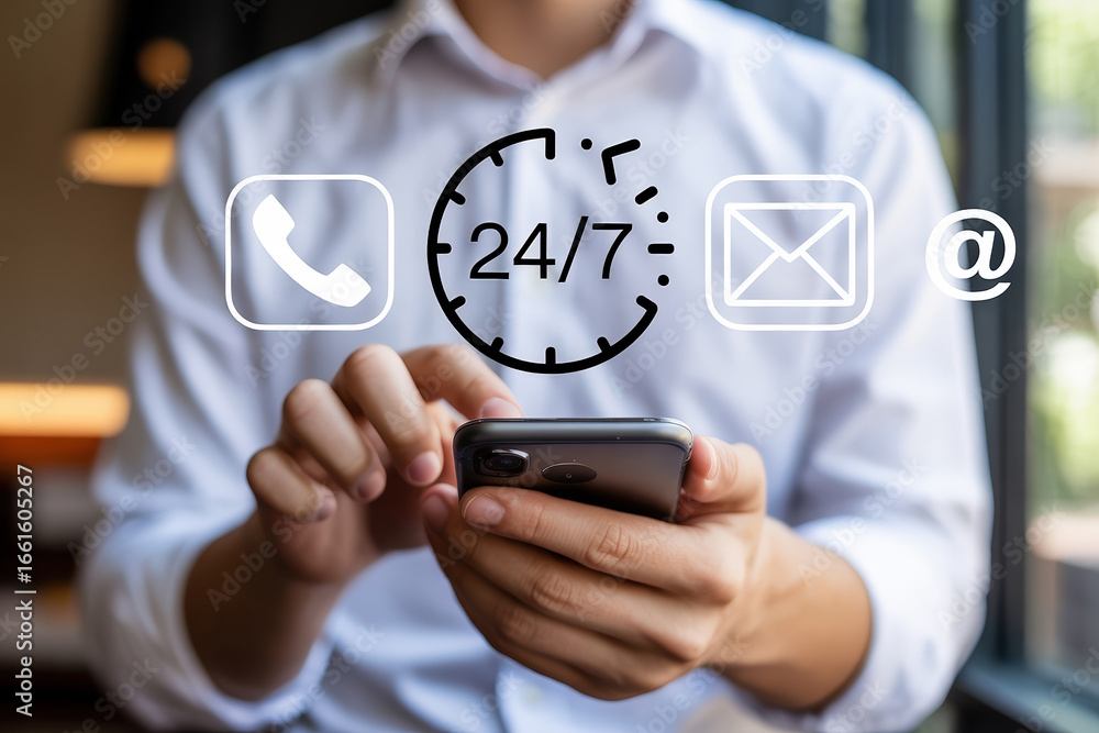 Poster modern business communication solutions 24/7 support with low feedback on mobile devices for enhance