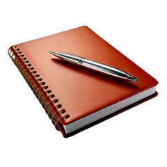  Angled Perspective of Notebook with Pen Highlighting Metallic Trim Transparent Background PNG