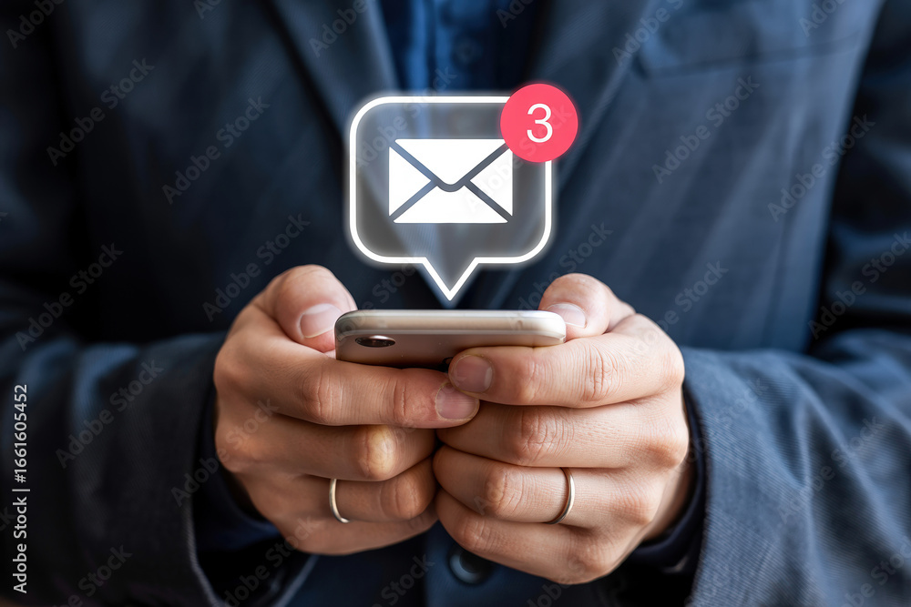Poster multiple new messages businessman checking phone with low feedback modern communication and digital 