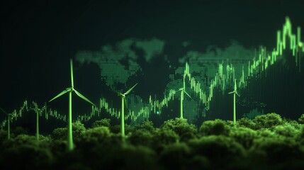 Global rise in electricity prices with renewable energy development, financial investment chart showing stock market growth, business economy trends, and energy market analytics