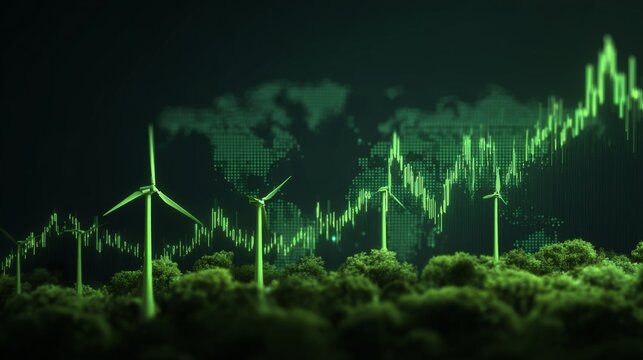 Global rise in electricity prices with renewable energy development, financial investment chart showing stock market growth, business economy trends, and energy market analytics - Powered by Adobe