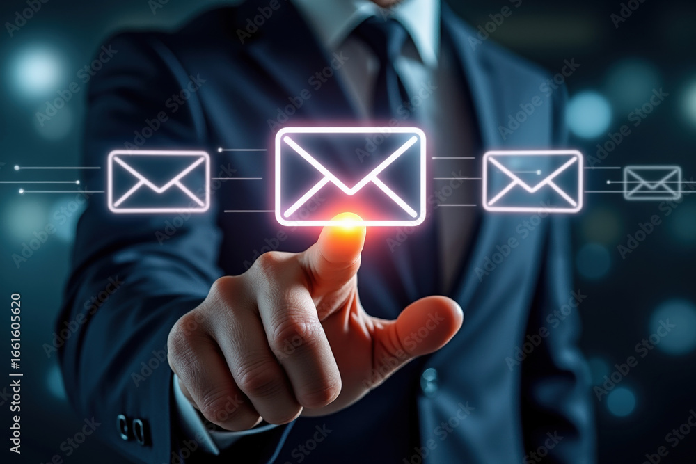 Poster navigating digital communication a businessman's touch on email icons with low feedback signals in t