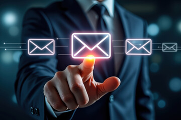 Navigating Digital Communication A Businessman's Touch on Email Icons with Low Feedback Signals in the Modern Technological Landscape