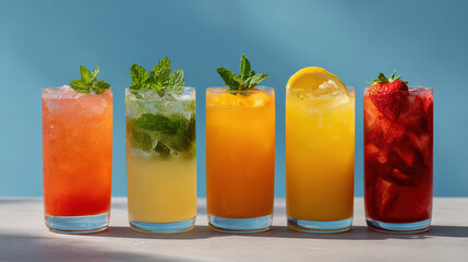 capture essence of summer  with focus on bright ultrabright summer drinks elegantly arranged on clean