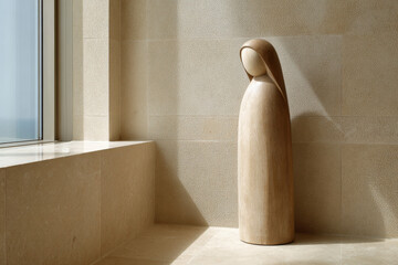 wooden sculpture of virgin mary sits elegantly in minimalist interior embracing simplicity