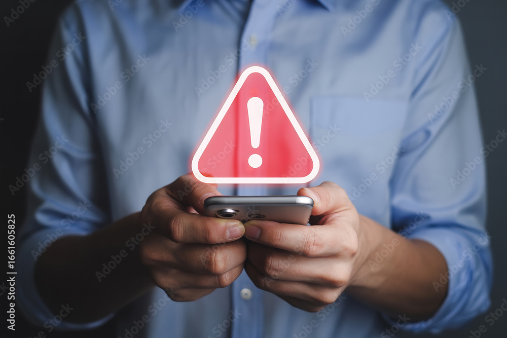 Poster navigating digital dangers a man's encounter with a warning alert on his smartphone signifying low f