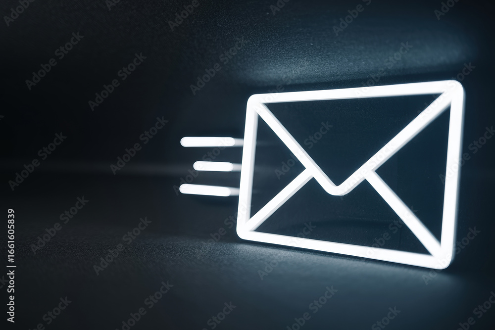 Poster neon email icon glowing in the dark symbolizing fast digital communication with low feedback loop mo