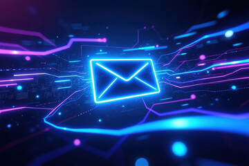 Neon Email Icon on Digital Network with Low Feedback Signals for Modern Communication and Electronic Messaging in a Technological Landscape