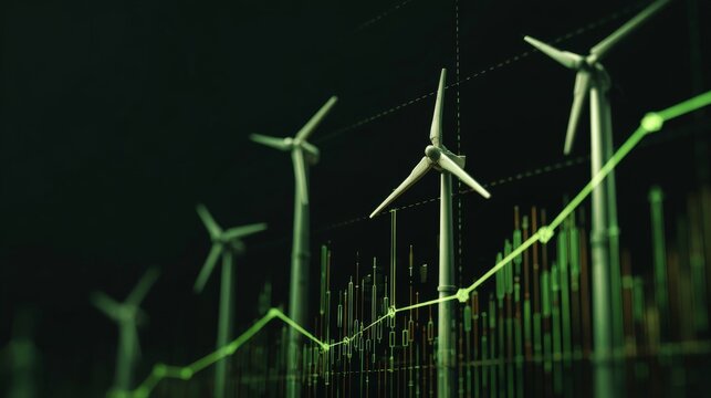 Global rise in electricity prices with renewable energy development, financial investment chart showing stock market growth, business economy trends, and energy market analytics
