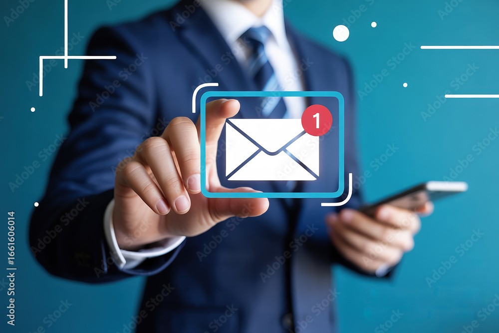 Poster new email notification businessman checking inbox on phone with low feedback modern communication an