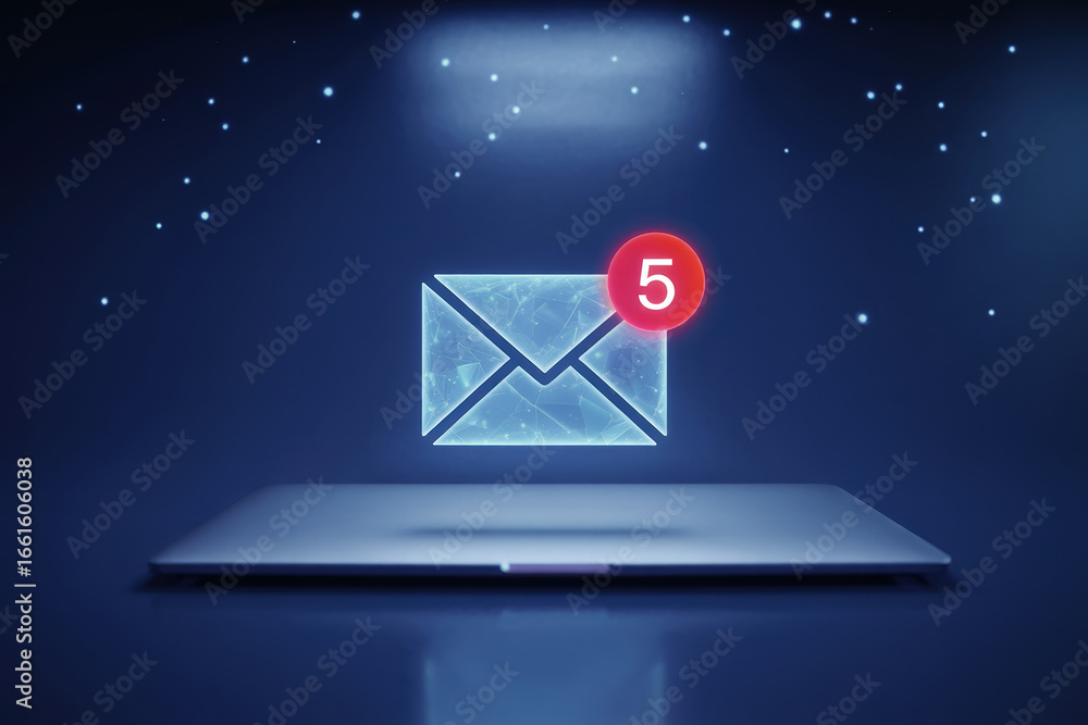 Poster new email notification concept with low feedback digital envelope icon and numbered alert for incomi