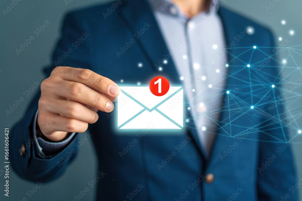 Poster new email notification with low feedback on a digital device a businessman receives an alert for an 