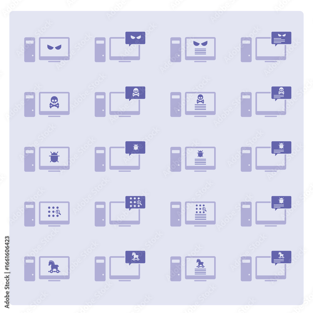 Poster malware desktop icon set. hacking concept.