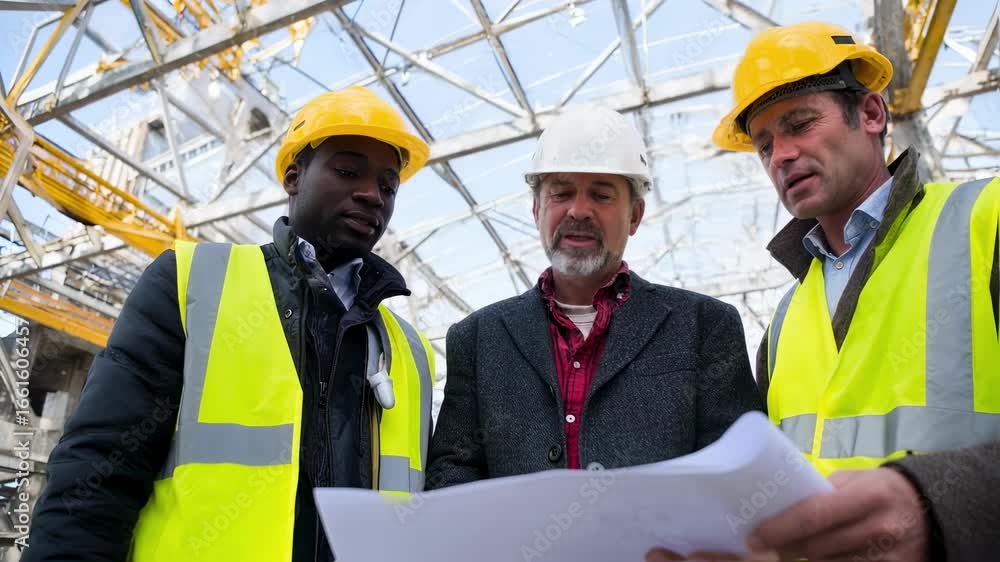 Poster an inspector consults with construction workers pointing at framework details to ensure adherence to