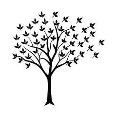 Obraz premium Stylized silhouette of a tree with falling leaves and birds in flight