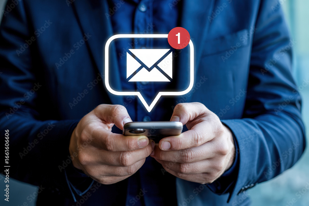 Poster new message alert businessman checking phone with low feedback modern communication and digital mess