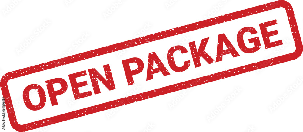 Poster imperfect red rectangular stamp with open package text, gritty texture shipping label