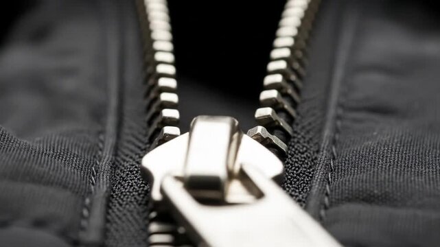 Close-Up Video of Shiny Metallic Zipper Teeth Sliding on Dark Fabric Detailing Garment Construction