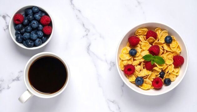 Breakfast cereal with berries and coffee