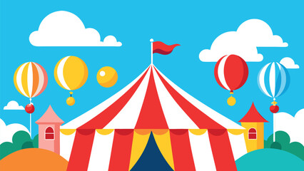 Whimsical vector circus illustration with bright tents and hot air balloons