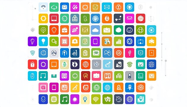 Vibrant Collection of Modern Flat Digital App Icons on White Background.