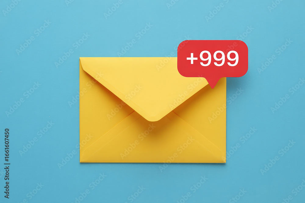 Poster overwhelmed inbox a yellow envelope on blue background with a red notification bubble indicating low