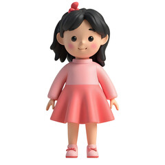 Cute cartoon girl doll with pink dress and friendly expression