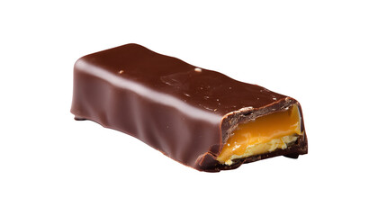 A single chocolate-covered candy bar with caramel filling