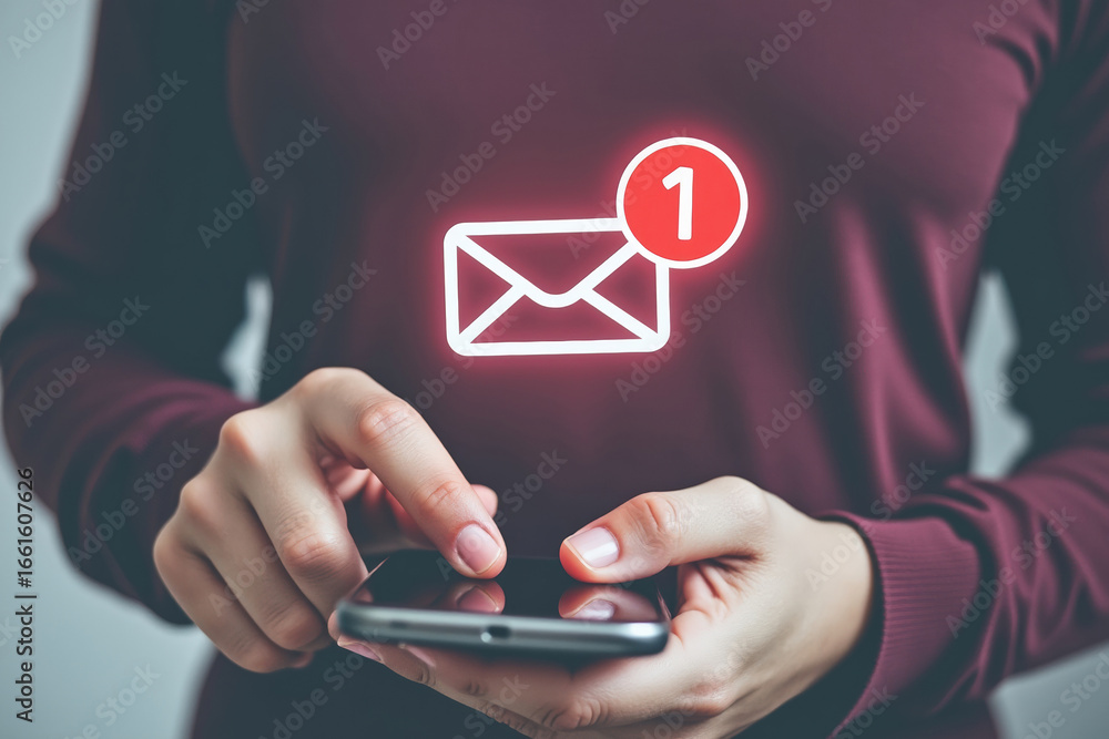 Poster person holding a smartphone with an email notification icon displayed, representing digital communic