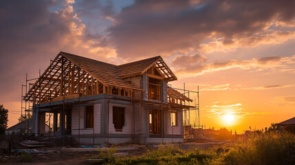 Fototapeta premium A house under construction view from the side of an home being built with beams and roof tiles against sunset