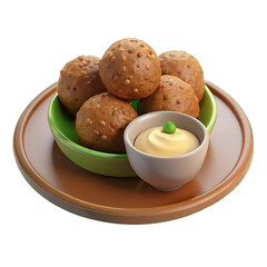 Delicious golden brown fried balls with a side of creamy dip, presented on a plate, isolated on transparent background